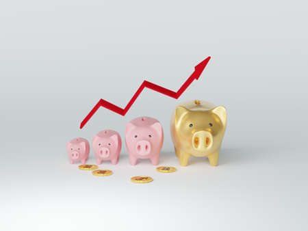 3D of a happy piggy bank with red up arrow. The concept of saving money.の写真素材