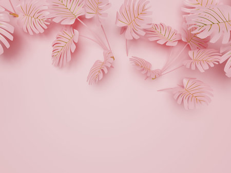 3D of pink pastel tropical monstera leaf.  Minimalism background.