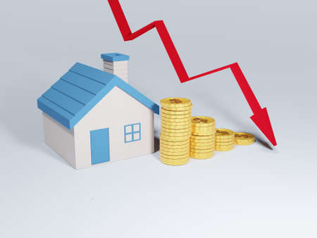 A decline in property prices. Lower mortgage interest rates. House price go down.  Real estate market economy with decreasing graph and red arrow going down. 3D of home with coin stack and red arrow down.の写真素材