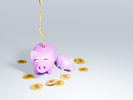 3D of happy piggy bank with falling gold coins. The concept of saving money.