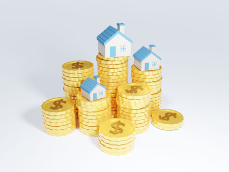 3D of stack coins and house. Savings money or investing to buy a home or loan. Concept of Investment property.の写真素材