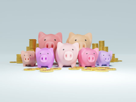 3D of Piggy bank family with coin.  Saving money concept.