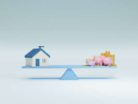 3D ofhouse and piggy bank family and golden coin stack balancing on Teeter Totter. Business and finance concept.の写真素材
