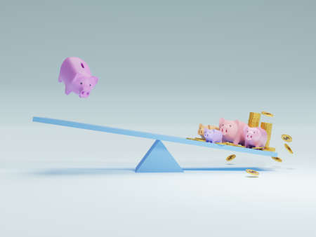 3D of piggy bank and piggy bank family and golden coin stack balancing on Teeter Totter. Business and finance concept.の写真素材