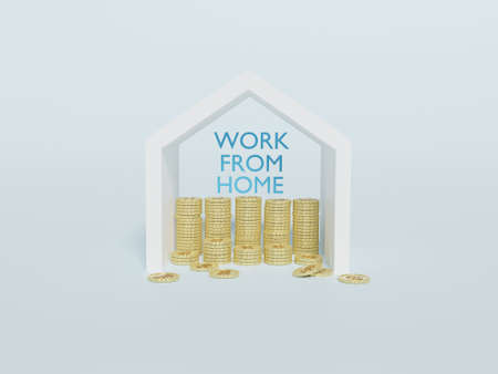 3D of work from home concept. Stack of golden coins with white house symbol.の写真素材