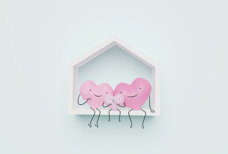 3D of hearts characters as symbols of love and family in house symbol.  Insurance, Health care  concept.の写真素材