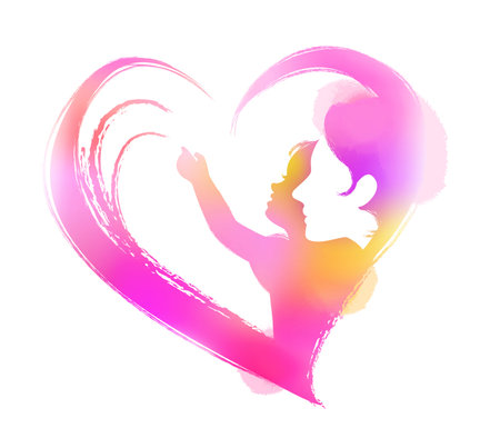 Happy mother's day. Side view of Happy mom with her daughter's silhouette plus abstract watercolor painting. Double exposure illustration. Digital art painting.の写真素材