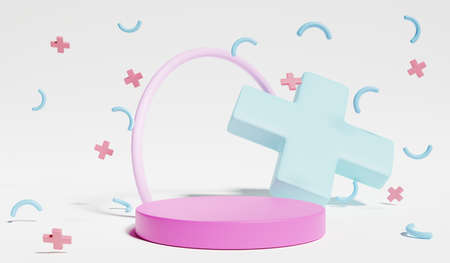 Stand and display pastel in the baby room interior. 3D rendering. Scene for advertising, Minimalist mockup for podium display or showcase.の写真素材