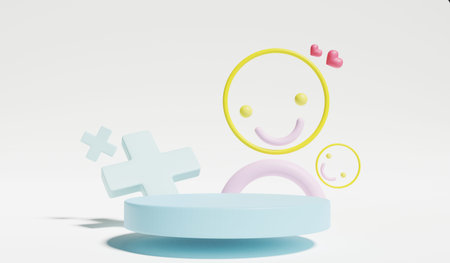 Stand and display pastel in the baby room interior. 3D rendering. Scene for advertising, Minimalist mockup for podium display or showcase.の写真素材