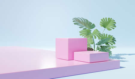3D rendering of pedestal podium, Abstract minimal display empty space with Monstera leaves. Geometry podium for beauty cosmetic products or showcase.の写真素材