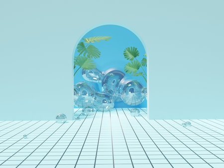 3D rendering of pedestal podium, Abstract minimal display empty space with Monstera leaves. Geometry...