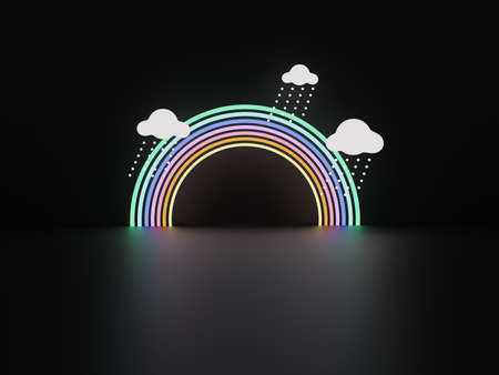 Stand and display colorful pastel clouds and rainbow  in the baby room interior. 3D rendering. A scene for advertising, Minimalist mockup for podium display or showcase.の写真素材