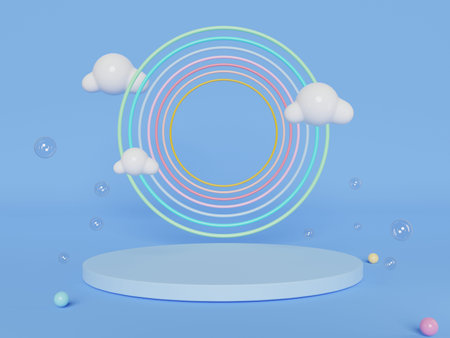 Stand and display colorful pastel clouds and rainbow  in the baby room interior. 3D rendering. A...