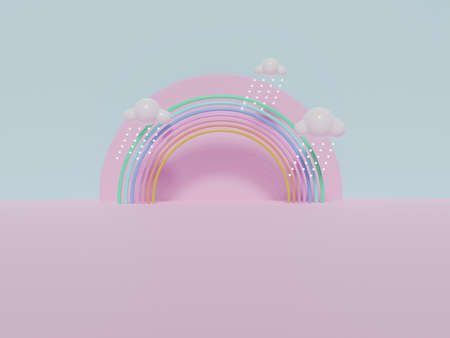 Stand and display colorful pastel clouds and rainbow  in the baby room interior. 3D rendering. A scene for advertising, Minimalist mockup for podium display or showcase.の写真素材