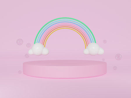 Stand and display colorful pastel clouds and rainbow  in the baby room interior. 3D rendering. A scene for advertising, Minimalist mockup for podium display or showcase.の写真素材