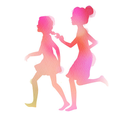 Happy kids playing together isolated on white background. Happy children's day silhouette plus abstract watercolor painting. Digital art painting.の写真素材