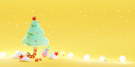 3D of  Sweet Christmas tree on yellow pastel background. Merry Christmas with copy space. Horizontal...