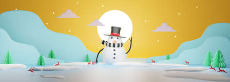 3D of Merry christmas and happy new year banner. Snowman standing in winter christmas landscape.の写真素材
