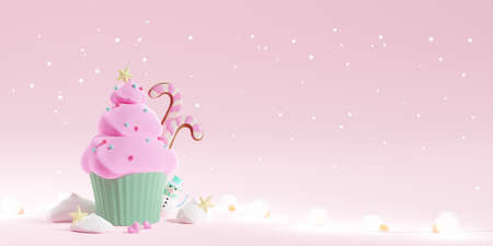 3D of Christmas tree cupcake on pink pastel background. Merry Christmas with copy space. Horizontal web banner.の写真素材