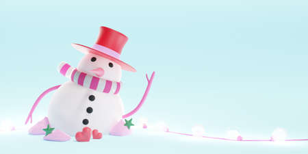 Merry christmas and happy new year banner. Happy snowman standing in a blue background.の写真素材