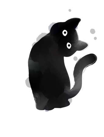 Silhouette of cute watercolor black cat. Digital art painting.の写真素材