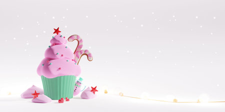 3D of Christmas tree cupcake on pink pastel background. Merry Christmas with copy space. Horizontal...