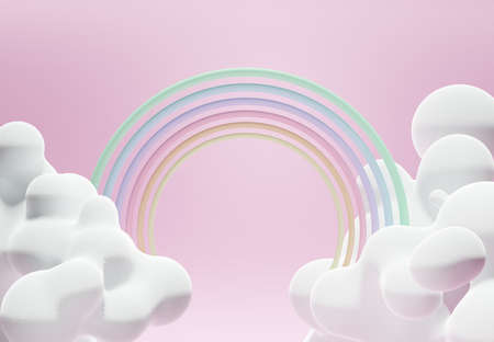 Stand and display colorful pastel clouds and rainbow. 3D rendering. A scene for advertising, Minimalist mockup for podium display or showcase.の写真素材