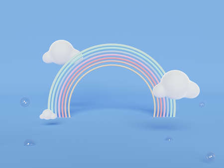 3D rendering of colorful pastel clouds and rainbow with empty space for kids or baby products.の写真素材