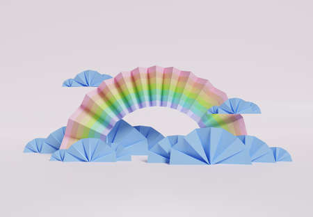 3D rendering of colorful pastel clouds and rainbow with empty space for kids or baby products.の写真素材