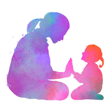 Happy mother's day. Side view of Happy mom with her kid silhouette plus abstract watercolor painting.Happy mother's day. Double exposure illustration. Digital art painting.の写真素材