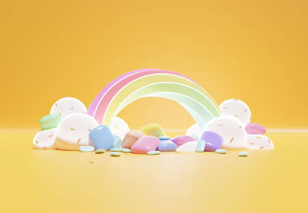 3D rendering of colorful pastel clouds and rainbow with empty space for kids or baby products. Sweet candy background.の写真素材