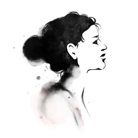 Silhouette of a beautiful young woman with black hair. Digital watercolor painting.の写真素材