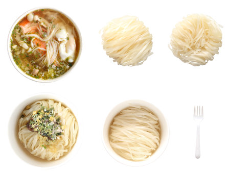 Set of different types of noodle on white background, top view