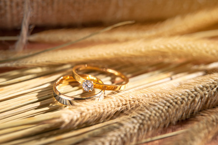 Closeup  wedding rings and grass flowers with sun layの写真素材