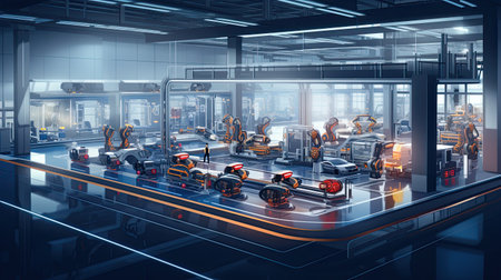 Automobile manufacturing plants with robotic arms are fully automated. Inside the modern factoryの素材