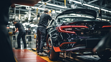 Technicians in a car assembly plant are installing engines and welding sparks for cars on the production line inside the factory.の素材