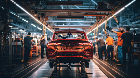 Technicians in a car assembly plant are installing engines and welding sparks for cars on the production line inside the factory.の素材