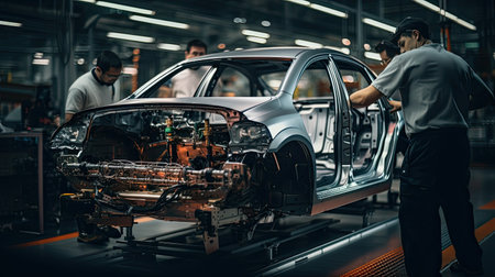 Technicians in a car assembly plant are installing engines and welding sparks for cars on the production line inside the factory.の素材