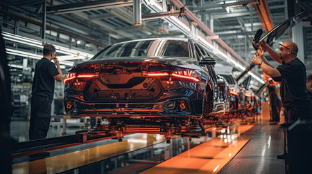 Technicians in a car assembly plant are installing engines and welding sparks for cars on the production line inside the factory.の素材