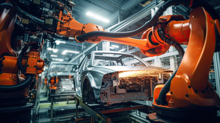 Automobile manufacturing plants with robotic arms are fully automated. Inside the modern factoryの素材