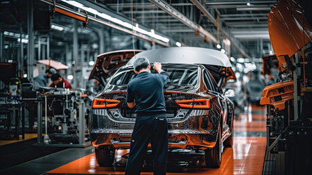 Technicians in a car assembly plant are installing engines and welding sparks for cars on the production line inside the factory.の素材
