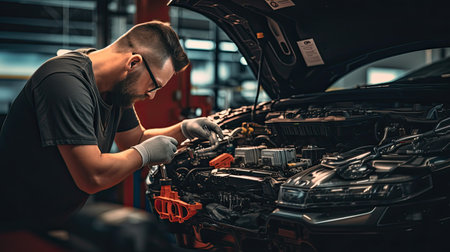 Technicians in a car assembly plant are installing engines and welding sparks for cars on the production line inside the factory.の素材