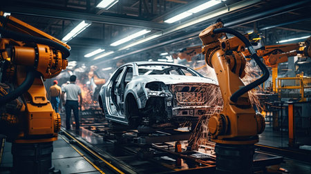 A mechanic in a car factory is installing engines for cars on the production line inside the factory.の素材