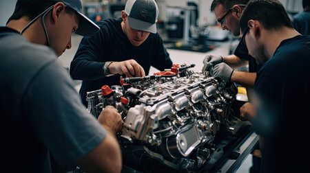 Technicians in a car assembly plant are installing engines and welding sparks for cars on the production line inside the factory.の素材
