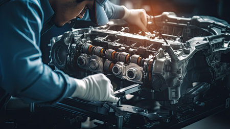 Technicians in a car assembly plant are installing engines and welding sparks for cars on the production line inside the factory.の素材