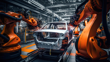 Automobile manufacturing plants with robotic arms are fully automated. Inside the modern factoryの素材