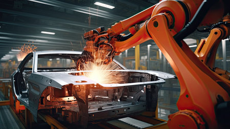 Automobile manufacturing plants with robotic arms are fully automated. Inside the modern factoryの素材