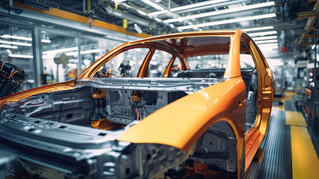 Automobile manufacturing plants with robotic arms are fully automated. Inside the modern factoryの素材