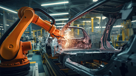 Automobile manufacturing plants with robotic arms are fully automated. Inside the modern factoryの素材