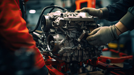 A mechanic in a car factory is installing engines for cars on the production line inside the factory.の素材